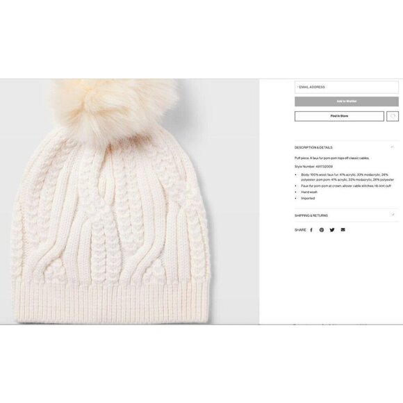 CLUB MONACO Adorelli Hat Cable Knit Wool Beanie with Faux Fur Pompom Cream - Picture 8 of 8